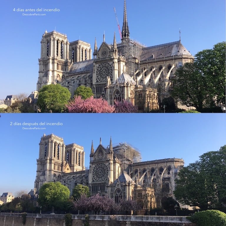 Comparativo de notre dame de paris antes y después del incendio de abril de 2019